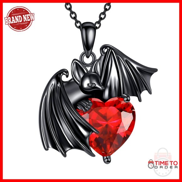 Sterling Silver Bat Pendant Necklace Gothic Heart Zircon Jewelry Gift